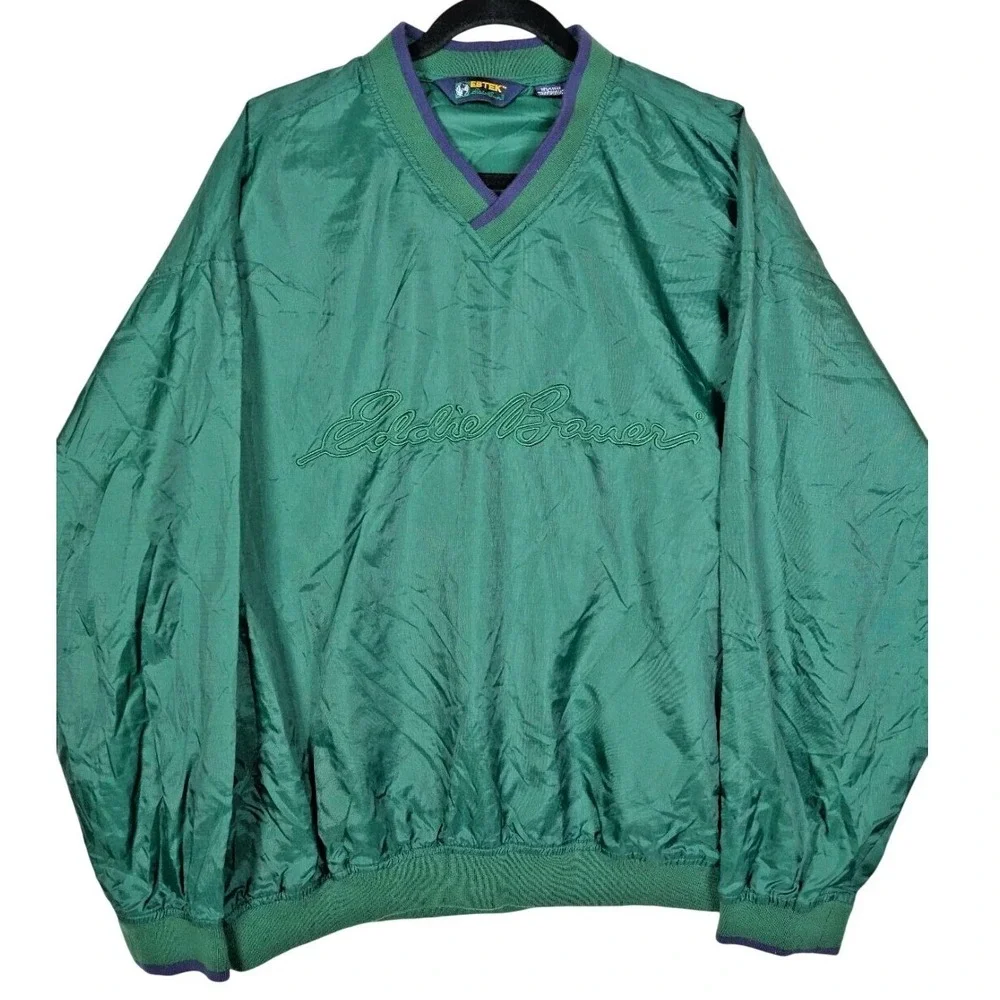 Vintage Eddie Bauer EBTEK Mens Green‎ Nylon V-Neck Windbreaker Pullover Large